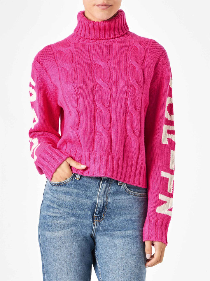 Rollkragenpullover mit Zopfmuster für Damen in Fluo-Rosa