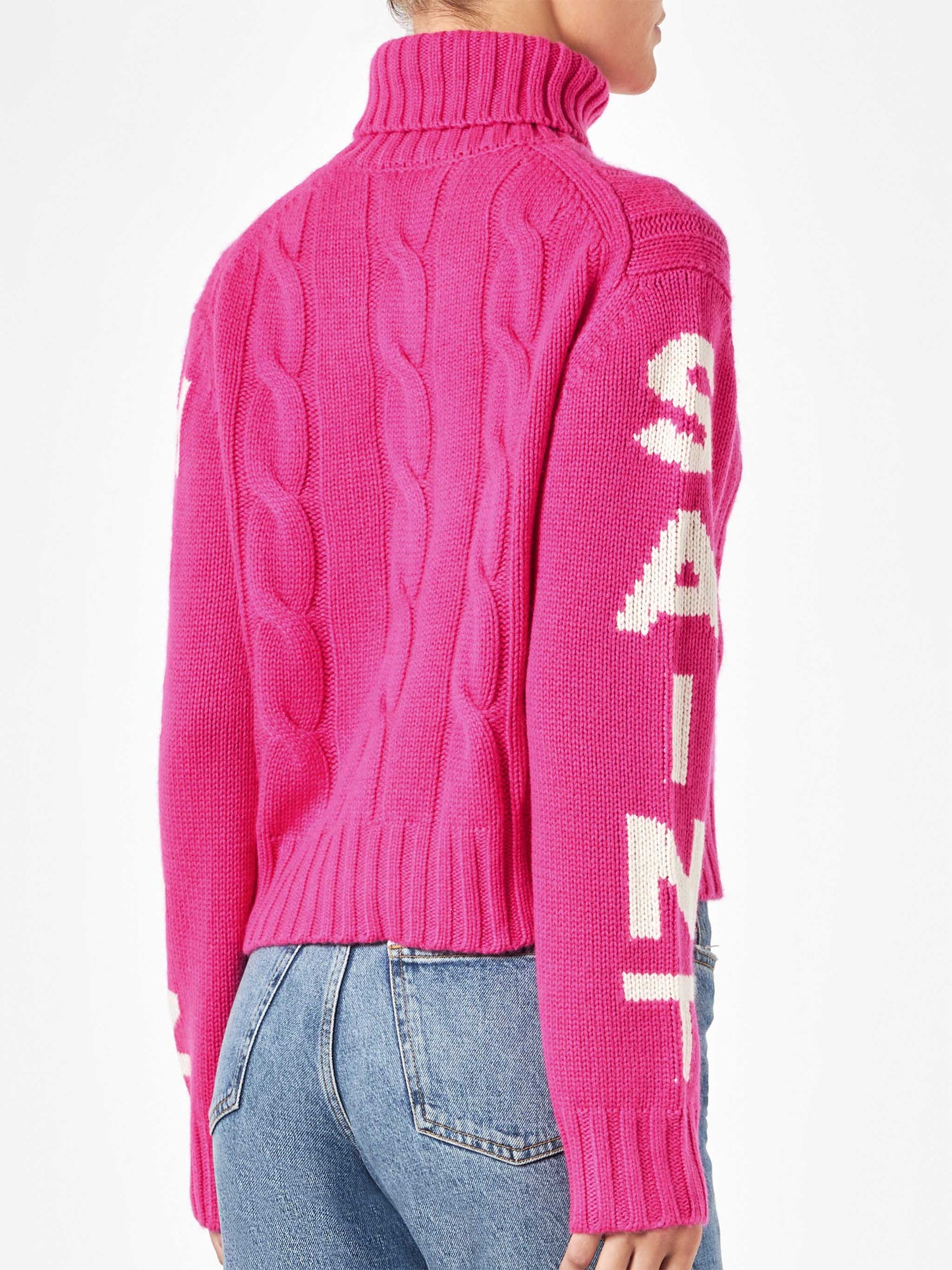 Rollkragenpullover mit Zopfmuster für Damen in Fluo-Rosa