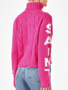 Rollkragenpullover mit Zopfmuster für Damen in Fluo-Rosa