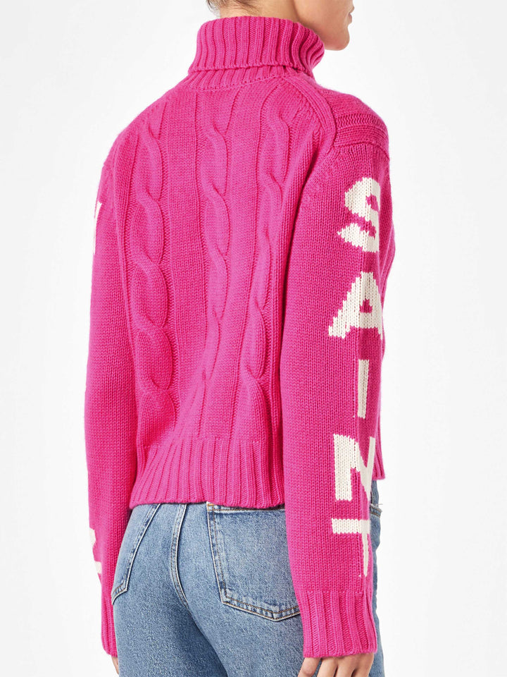 Rollkragenpullover mit Zopfmuster für Damen in Fluo-Rosa