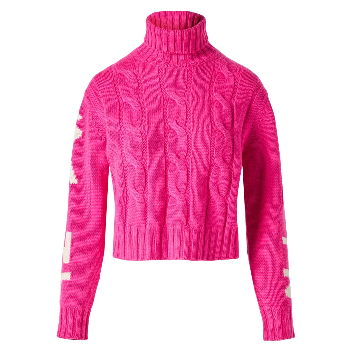 Rollkragenpullover mit Zopfmuster für Damen in Fluo-Rosa