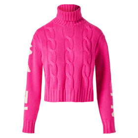 Rollkragenpullover mit Zopfmuster für Damen in Fluo-Rosa