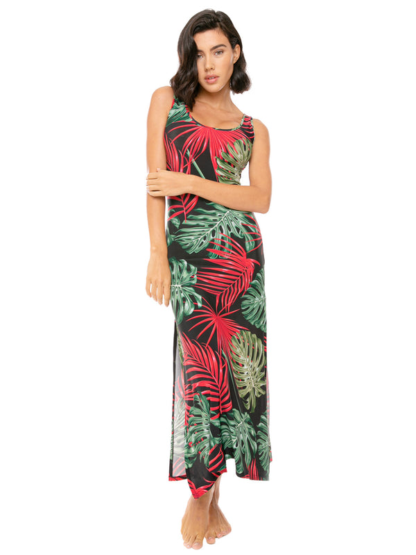 Long tank dress vintage leaves print