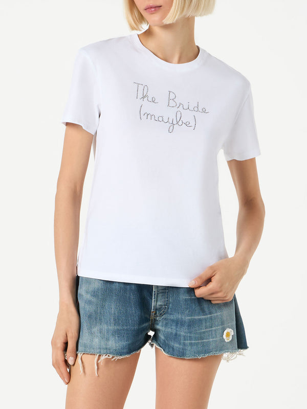 Damen-T-Shirt aus Baumwolle mit „The Bride (vielleicht)“-Strassstickerei