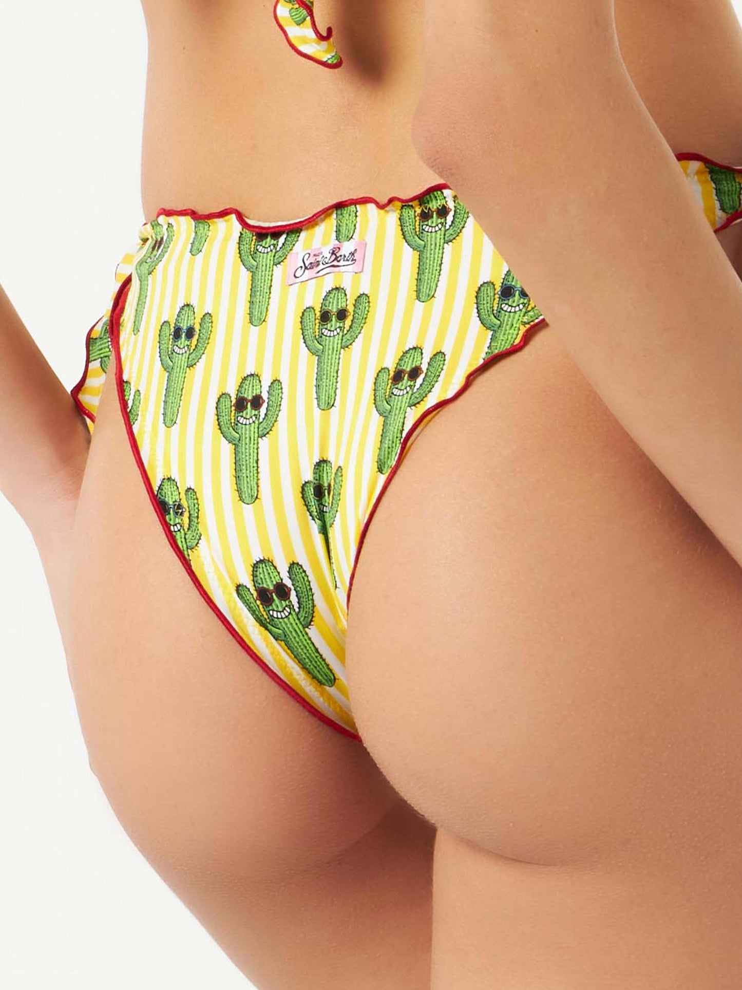 Woman ruffled cheeky swim briefs with cactus print