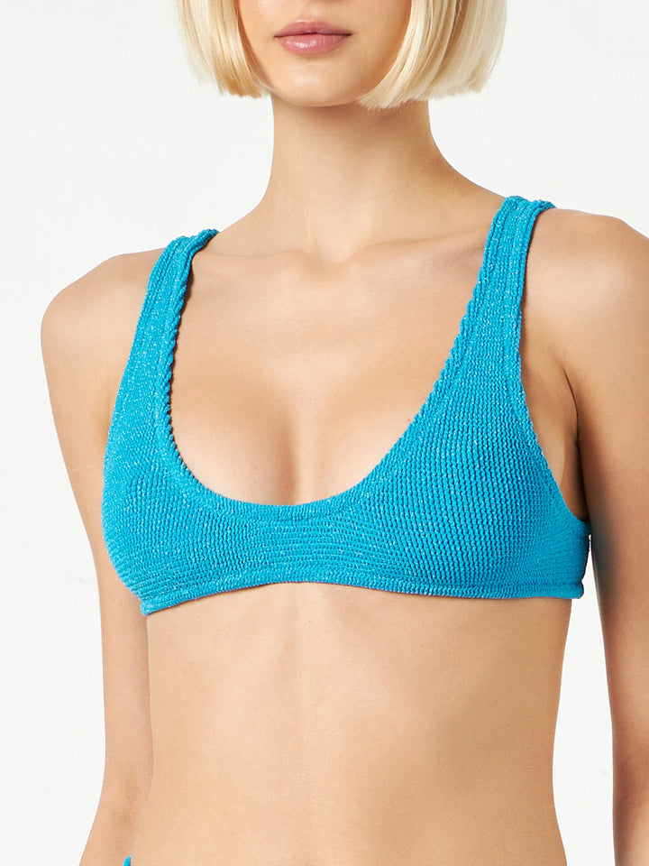 Hellblauer Bralette-Badeanzug für Damen aus Lurex in Crinkle-Optik