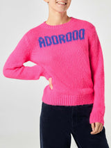 Woman fluo pink brushed sweater with Adoro print