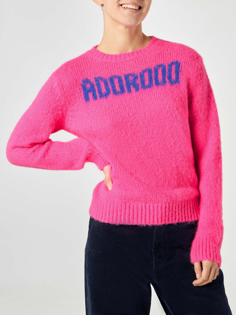 Woman fluo pink brushed sweater with Adorooo print