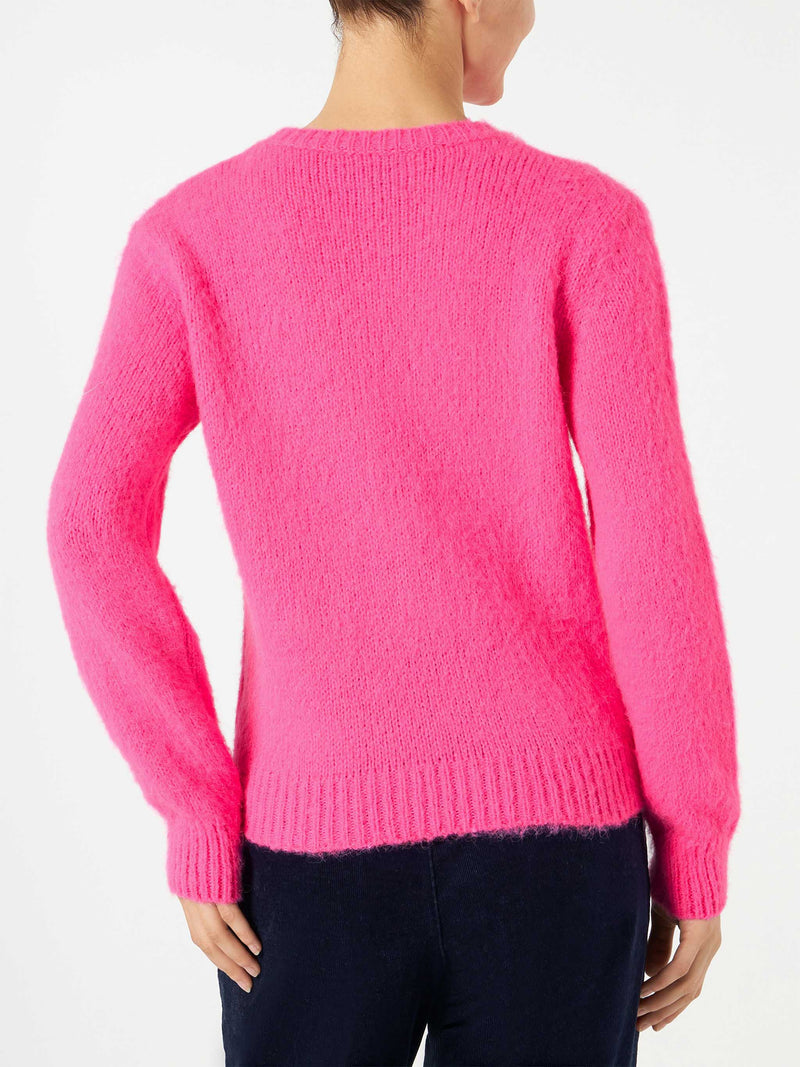 Woman fluo pink brushed sweater with Adoro print