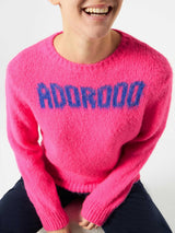 Woman fluo pink brushed sweater with Adorooo print