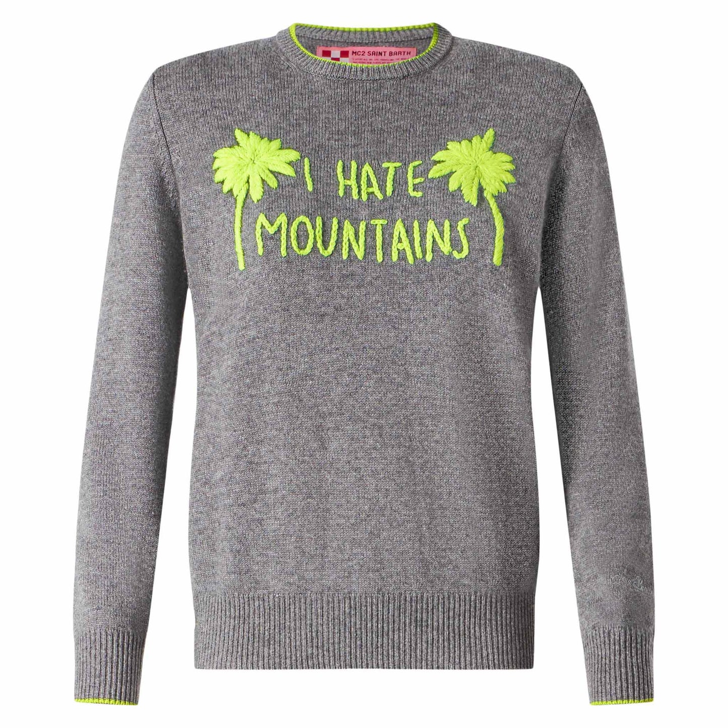 Woman grey sweater yellow fluo I hate mountains embroidery - MC2 Saint Barth