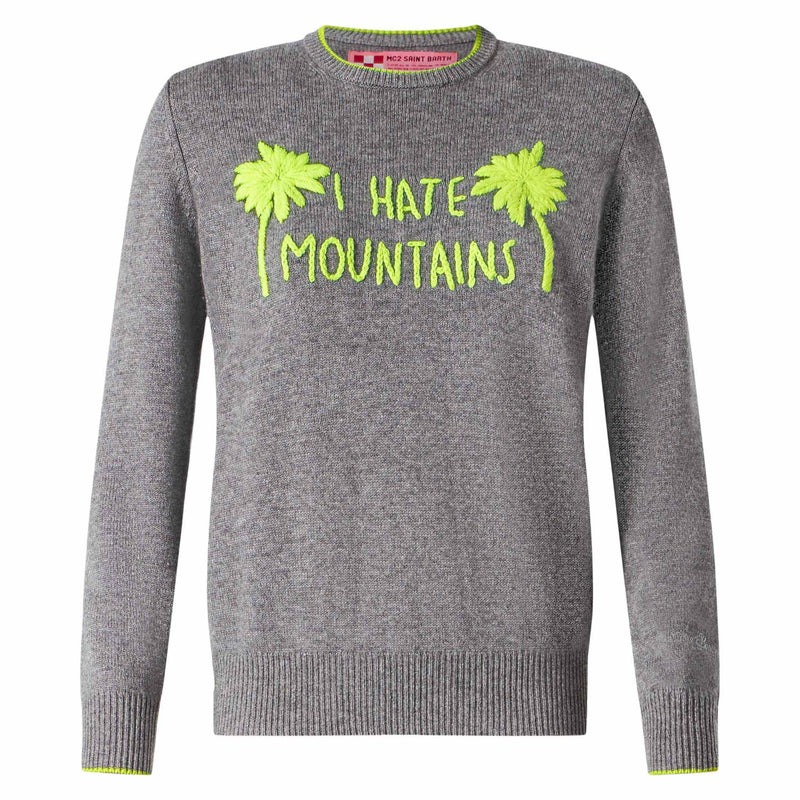 Damen-Pullover, grau, Fluo-Gelb, I Hate Mountains-Stickerei