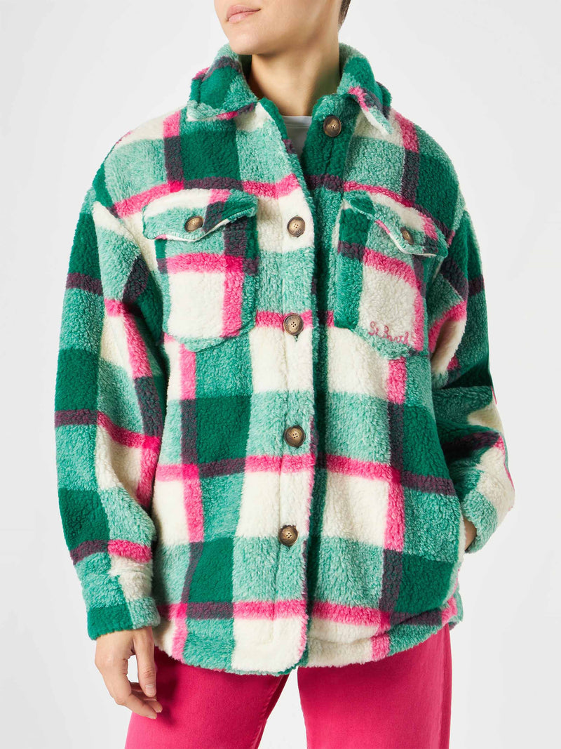 Woman sherpa overshirt with tartan pattern