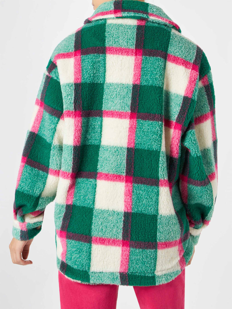 Woman sherpa overshirt with tartan pattern