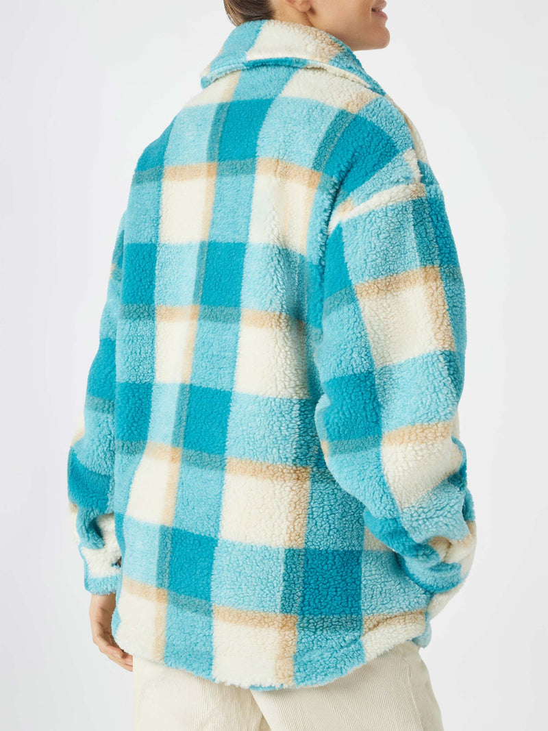 Woman sherpa overshirt with tartan pattern