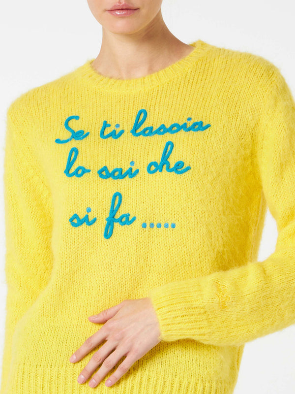 Woman yellow brushed sweater with embroidery