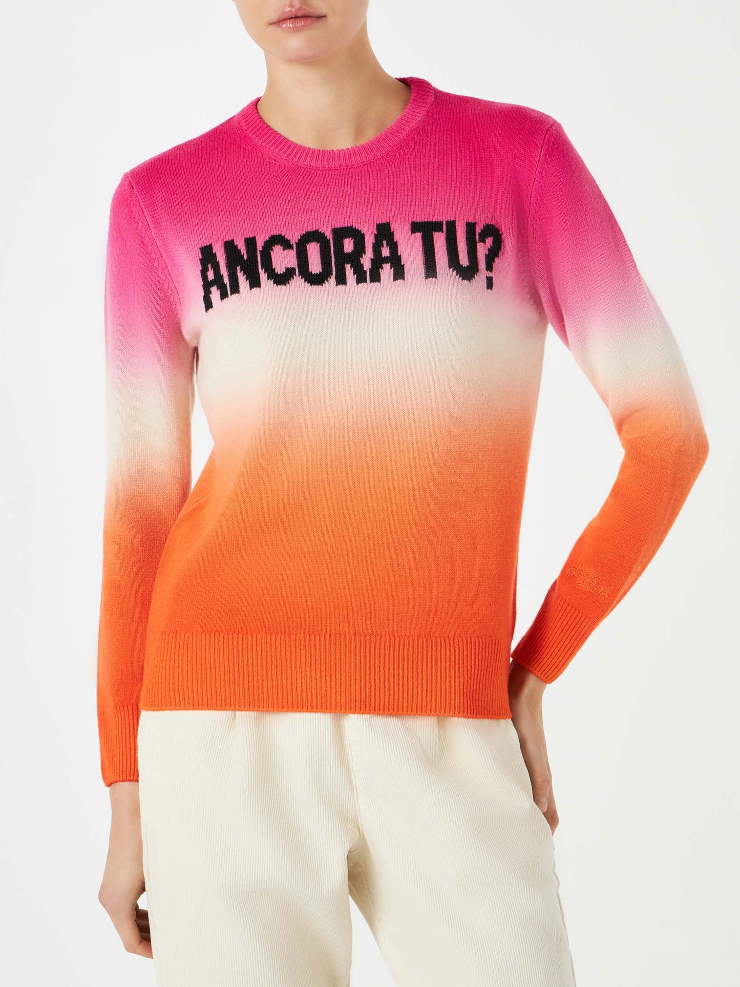 Fucsia and Orange degradé woman sweater Ancora tu writing
