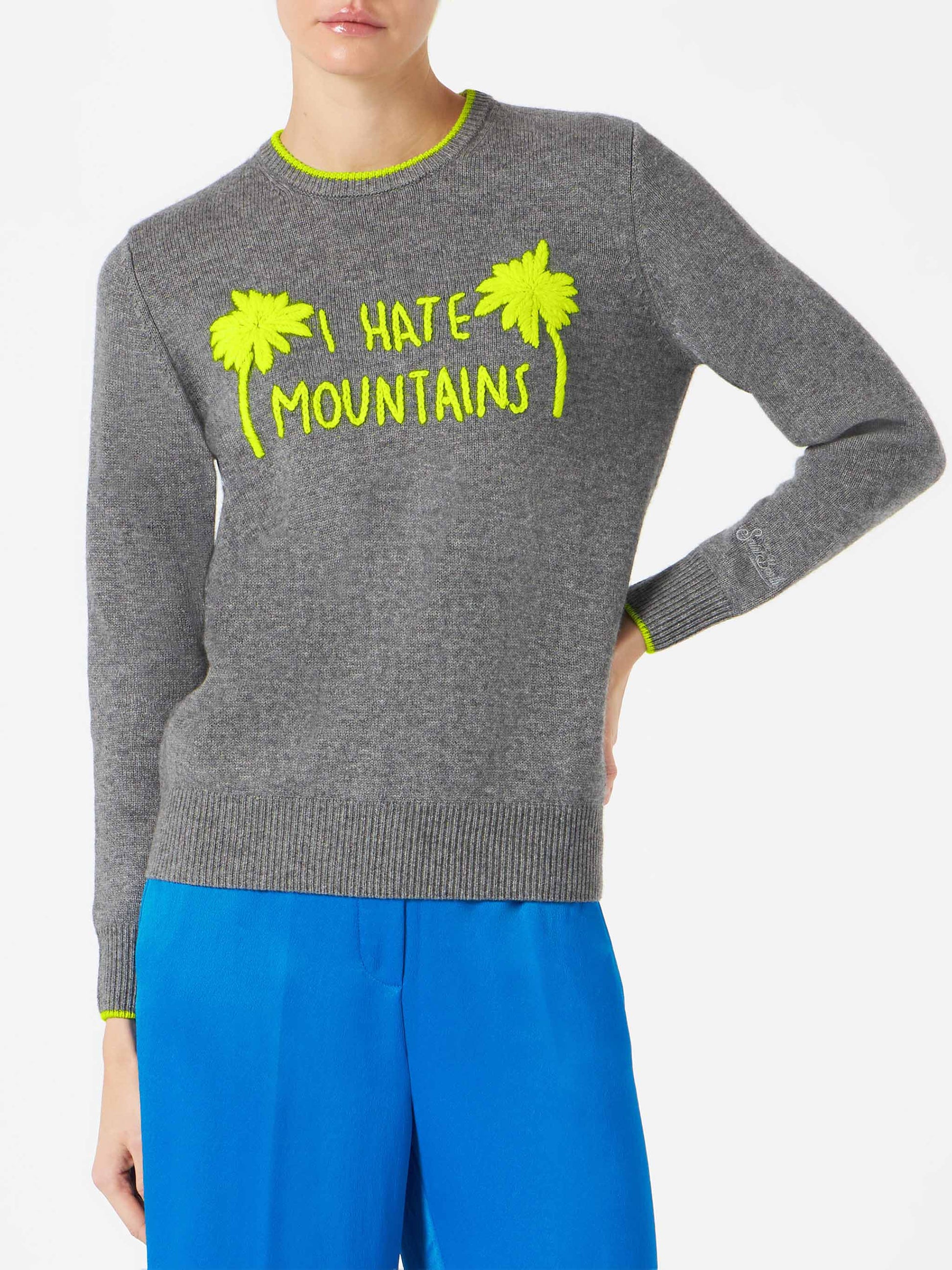 Woman grey sweater yellow fluo I hate mountains embroidery - MC2 Saint Barth