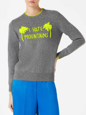 Woman grey sweater yellow fluo I hate mountains embroidery - MC2 Saint Barth