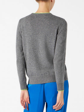 Woman grey sweater yellow fluo I hate mountains embroidery - MC2 Saint Barth