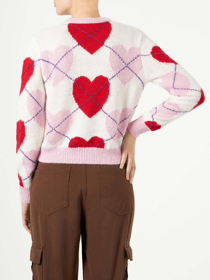 Woman brushed cropped sweater with heart pattern