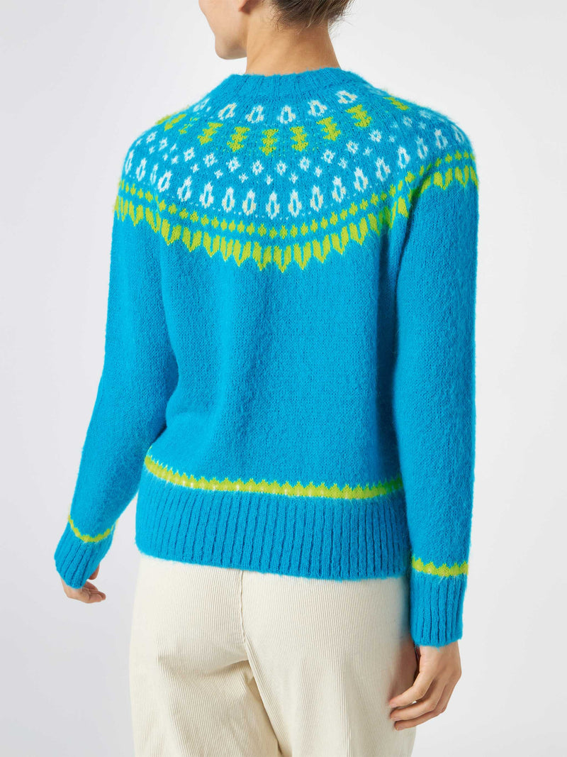 Woman light blue crewneck nordic jacquard sweater