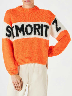 Damen-Pullover mit gebürstetem Rundhalsausschnitt in Fluo-Orange