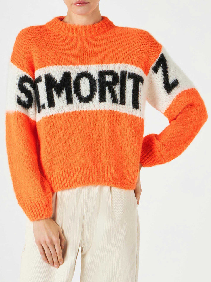 Damen-Pullover mit gebürstetem Rundhalsausschnitt in Fluo-Orange