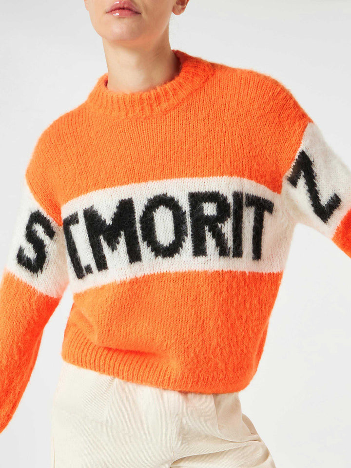 Damen-Pullover mit gebürstetem Rundhalsausschnitt in Fluo-Orange