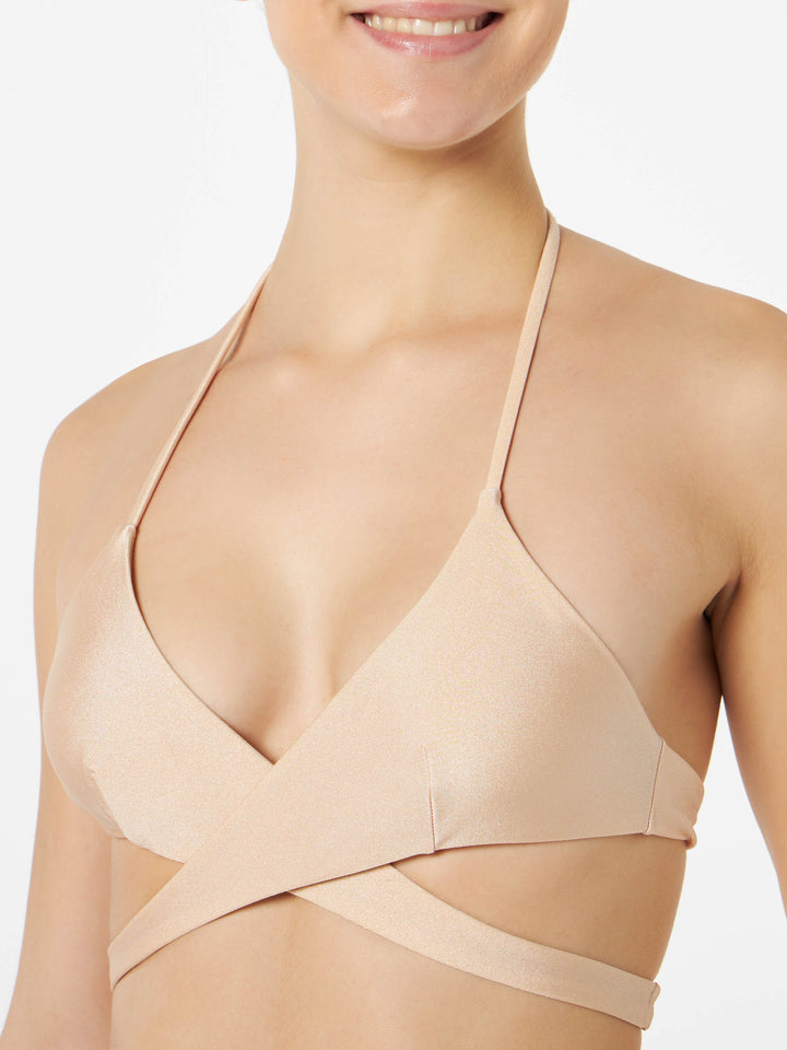 Damen-Triangel-Top in Wickeloptik in glänzendem Beige